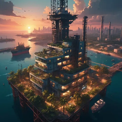 Prompt: a dense cyberpunk style city with housing, people and leafy gardens located on an oil rig at sunset with calm sea. bird's eye view