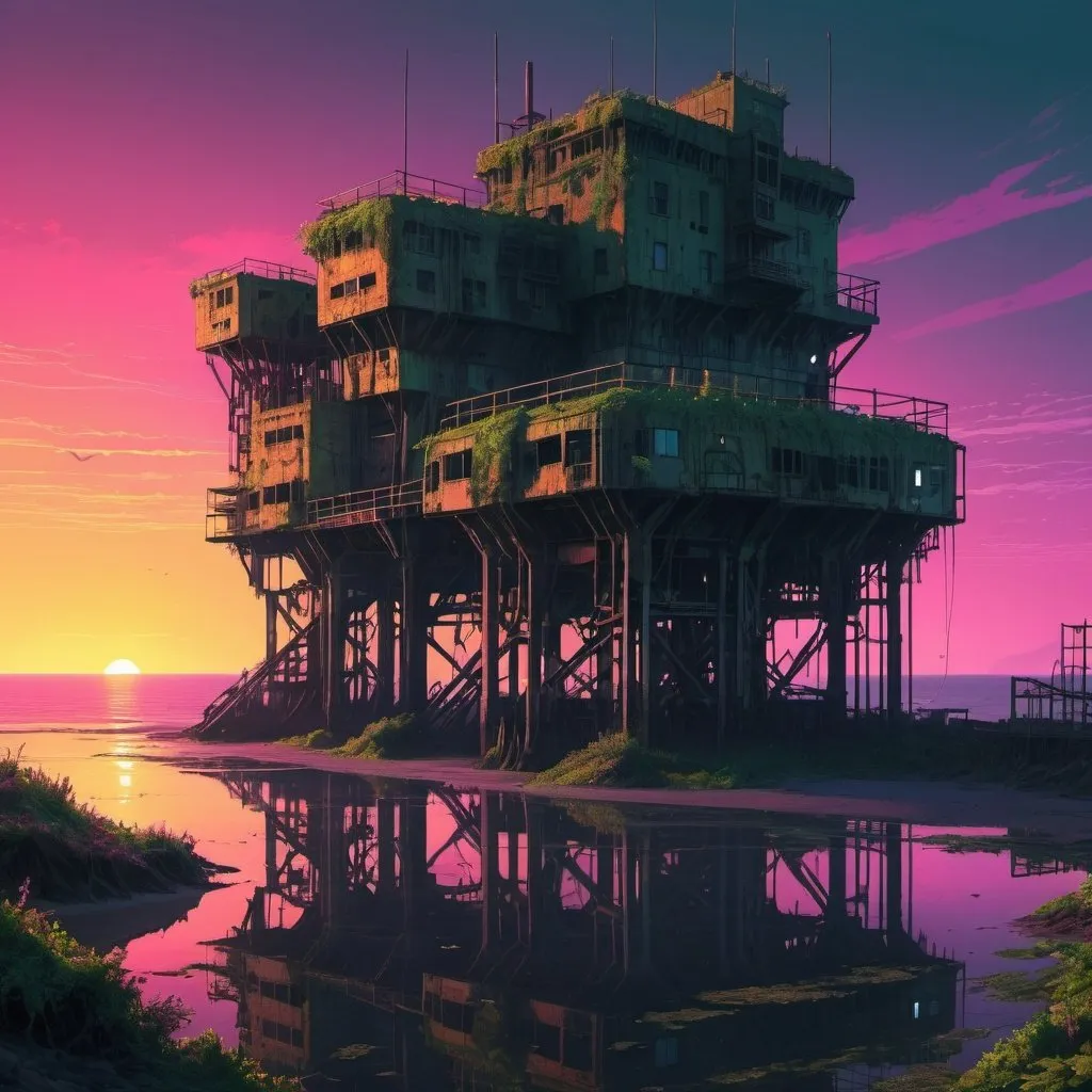 Prompt: cyberpunk maunsell fort, neon, overgrown vegetation, sunset, calm sea, detailed reflections, interlinked buildings with bridges, far out at sea, 