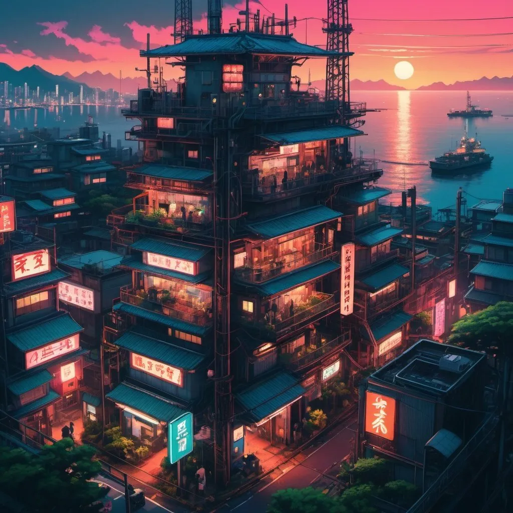 Prompt: a dense cyberpunk traditional japanese style city with housing, people and leafy gardens located on an oil rig at sunset with calm sea. bird's eye view neon signs, bold colours