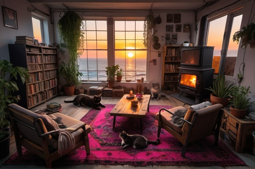 Prompt: cyberpunk, neon, cosy, persian rugs, wood burning stove, large plants, cats, sunset, sea fort, cosy, homely, industrial, sleeping cats, book piles