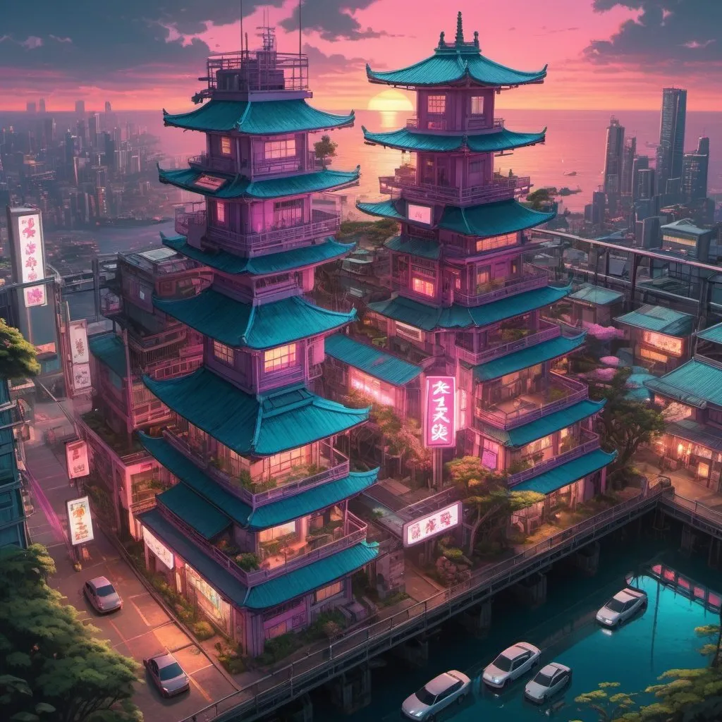 Prompt: Bird's eye view of a dense cyberpunk city on an oil rig at sunset, Japanese temple, tearoom, tori gate, leafy gardens, calm sea, overgrown plants, serene sunset lighting, high quality, cyberpunk, sunset colors, detailed architecture, calm sea, serene atmosphere, neon signage, flying cars, pinks and blues