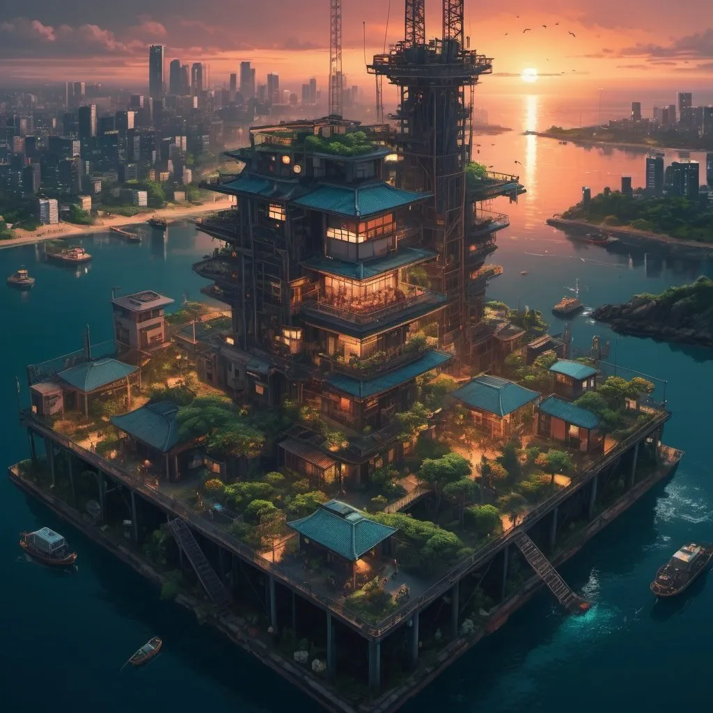 Prompt: a dense cyberpunk style city with housing, a japanese temple, people and leafy gardens located on an oil rig at sunset with calm sea. bird's eye view