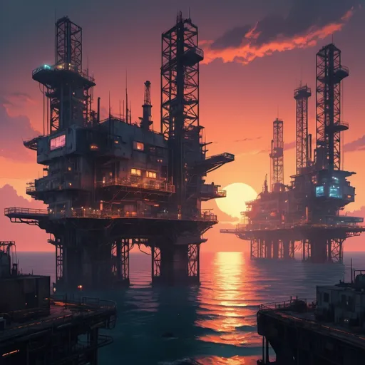 Prompt: a cyberpunk style city located on an oil rig at sunset with calm sea