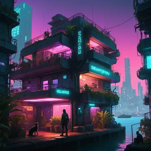 Prompt: cyberpunk seafort, dense city housing, people, cats, neon, sunset, plants