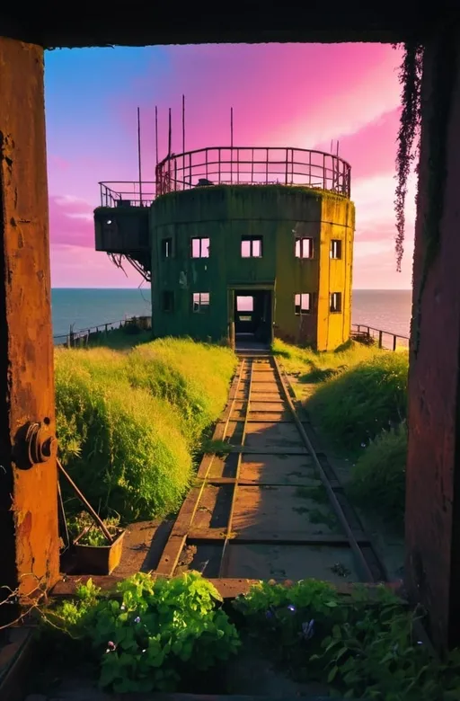 Prompt: maunsell fort, calm sea, sunset, cyberpunk,overgrown plants, neon,  cats. lived-in, cosy, home, 