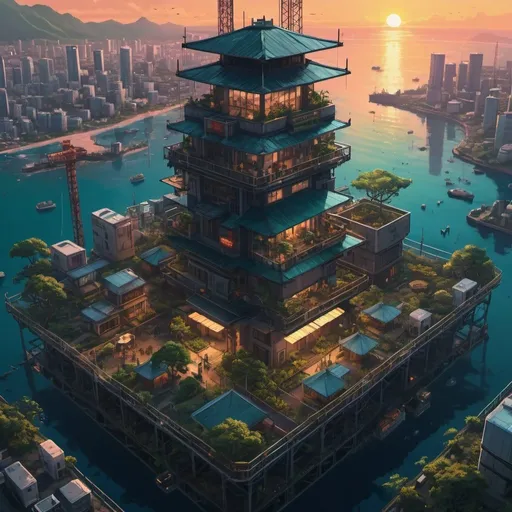 Prompt: a dense cyberpunk style city with housing, a japanese temple, people and leafy gardens located on an oil rig at sunset with calm sea. bird's eye view