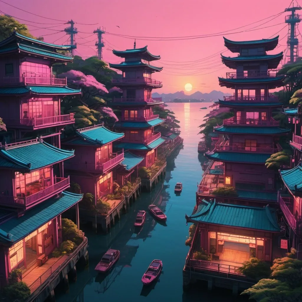 Prompt: Bird's eye view of a dense cyberpunk city on an oil rig at sunset, Japanese temple, tearoom, tori gate, leafy gardens, calm sea, overgrown plants, serene sunset lighting, high quality, cyberpunk, sunset colors, detailed architecture, calm sea, serene atmosphere, neon signage, traditional japanese boats on water, pinks and blues