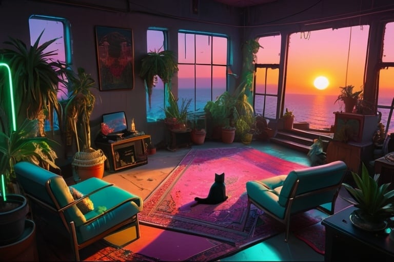 Prompt: cyberpunk, neon, cosy, persian carpets, large plants, cats, sunset, sea fort