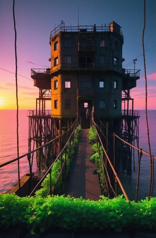 Prompt: maunsell fort at sea, calm sea, sunset, cyberpunk, dense japanese city, overgrown plants, neon, people, cats