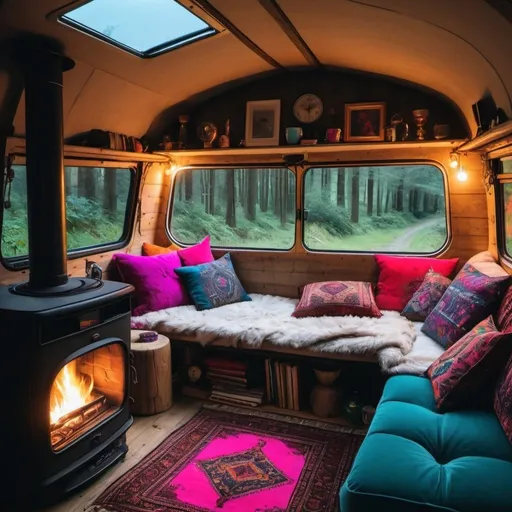 Prompt: Looking inside cosy cyberpunk, maximalist,  campervan, Persian rugs cosy, quirky, doors open forest background, log burner, night time, pillows, cushions, neon