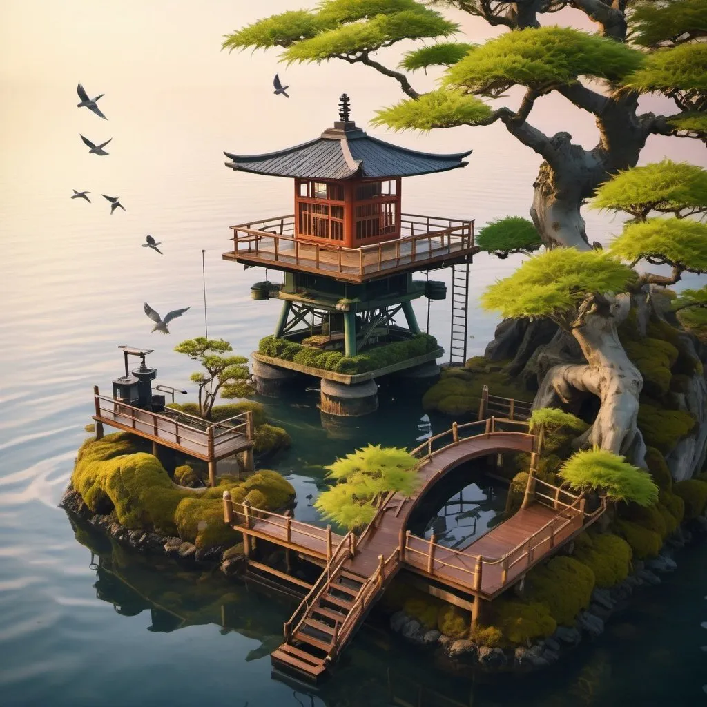 Prompt: traditional japanese garden with bonsai, water, maple trees, bamboo, teahouse, moss streams located on top of an aging oil rig in the sea. calm sea, sunset, birds eye view
