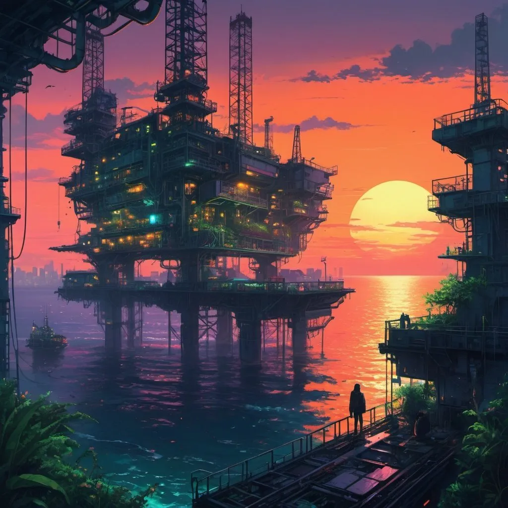 Prompt: oil platform at sea, calm sea, sunset, cyberpunk, dense japanese city, overgrown plants, neon, people, cats