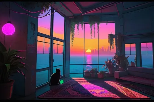 Prompt: cyberpunk, neon, cosy, persian carpets, large plants, cats, sunset, sea fort