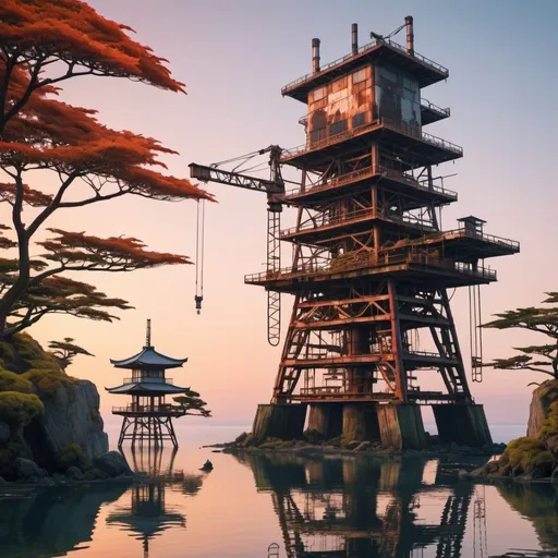 Prompt: a large rusting oil rig overgrown with a traditional japanese garden with bonsai, bamboo, maple, teahouse, rusting cranes. industrial, cyberpunk, calm sea, sunset, 

