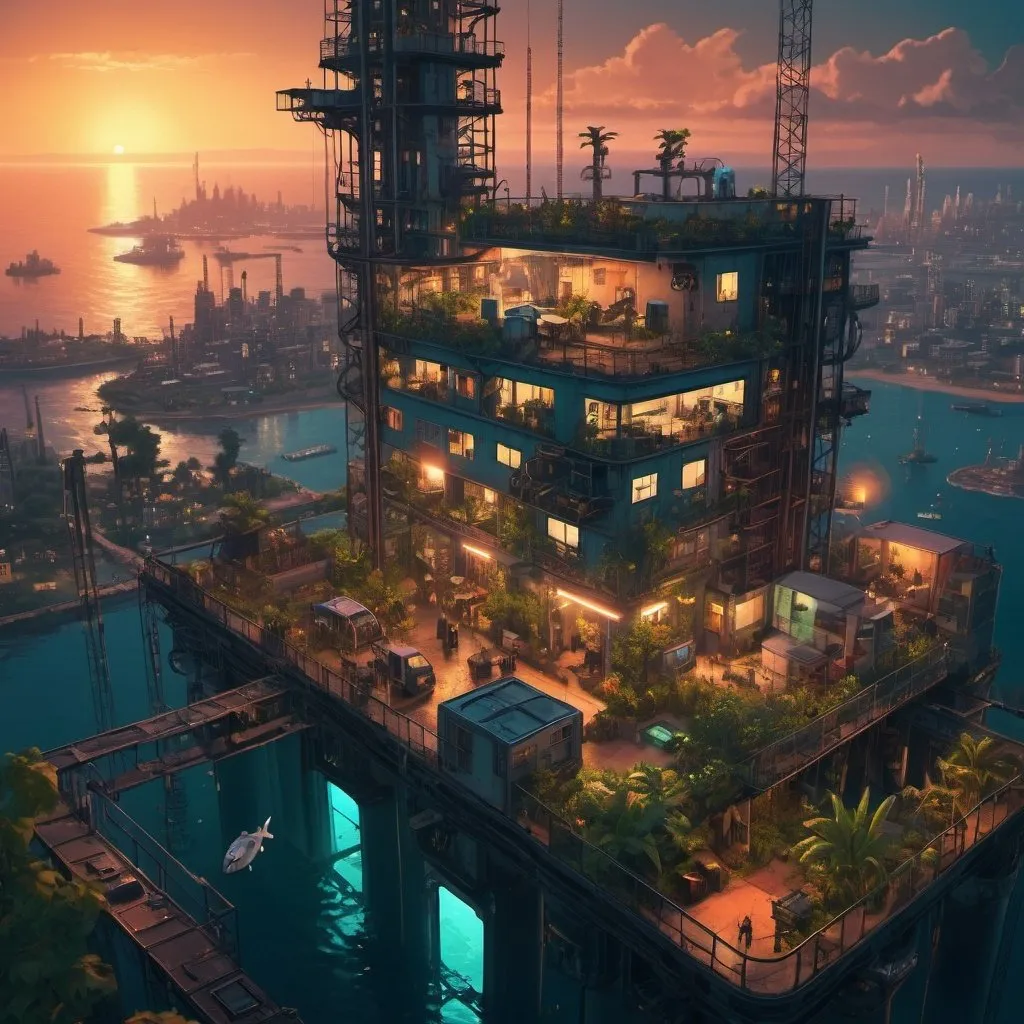 Prompt: a dense cyberpunk style city with housing, people and leafy gardens located on an oil rig at sunset with calm sea. bird's eye view. cats
