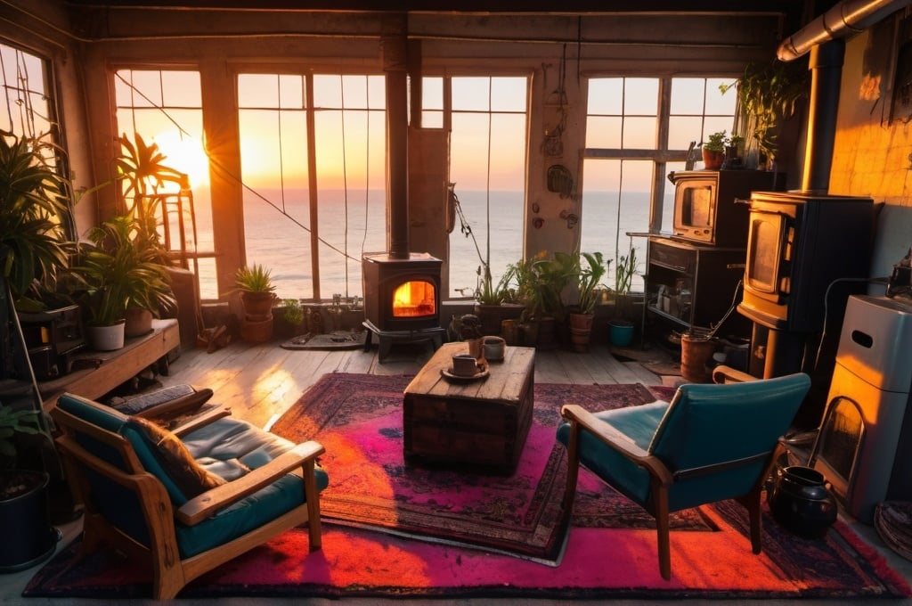 Prompt: cyberpunk, neon, cosy, persian rugs, wood burning stove, large plants, cats, sunset, sea fort, cosy, homely, industrial