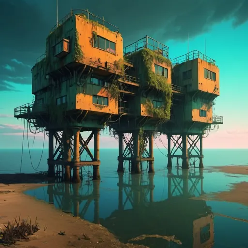 Prompt: cyberpunk many maunsell forts, neon, overgrown vegetation, sunset, calm sea, detailed reflections, bridges between buildings, far out at sea, inhabited by people, lived in, shabby, cosy