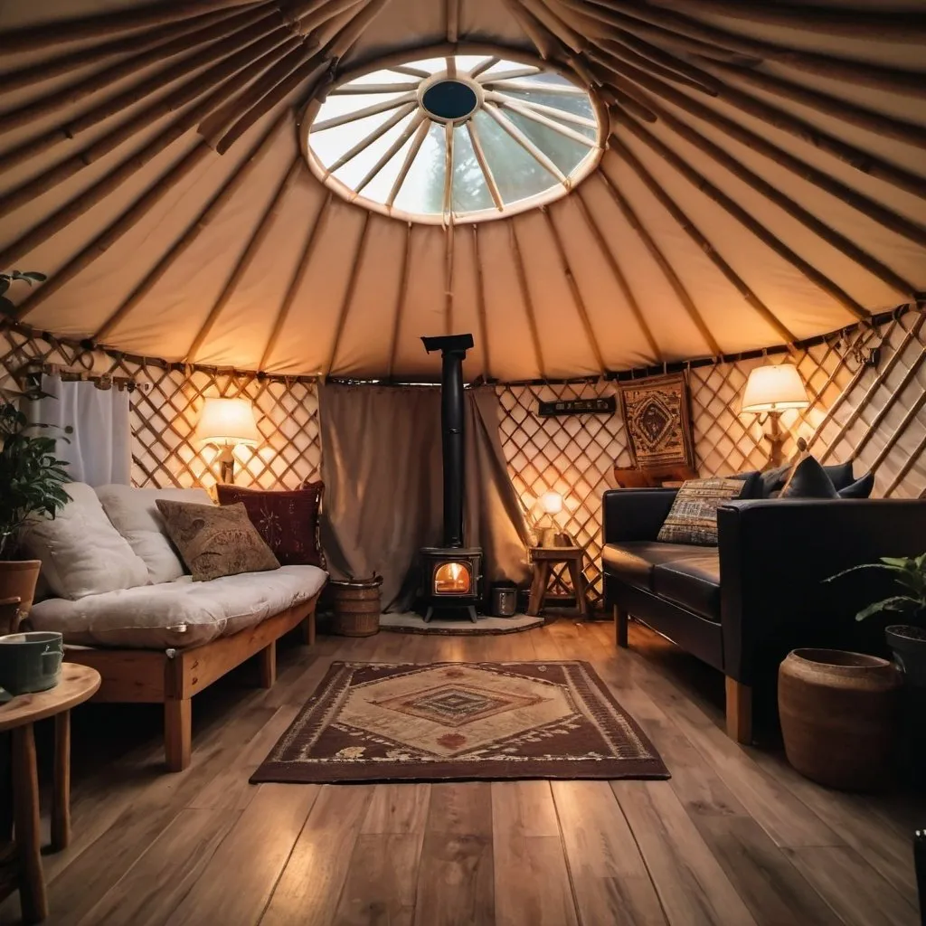 Prompt: Looking into the front door of a yurt, inside there is a wood bring stove, plants, rustic furniture, soft lighting, pillows, fairly lights. It is raining outside. It is night time