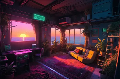 Prompt: cyberpunk, neon, cosy, persian carpets, large plants, cats, sunset, sea fort