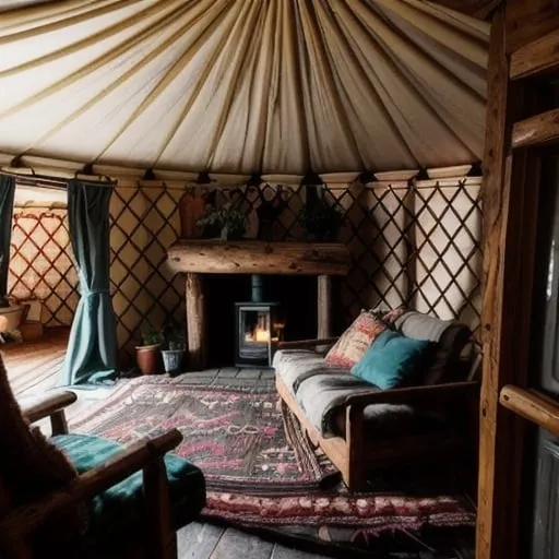 Prompt: Looking into the front door of a yurt, inside there is a wood bring stove, plants, rustic furniture, soft lighting, pillows, fairly lights. It is raining outside. It is night time