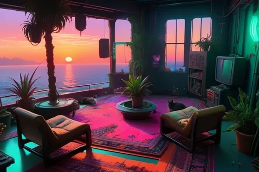 Prompt: cyberpunk, neon, cosy, persian carpets, large plants, cats, sunset, sea fort