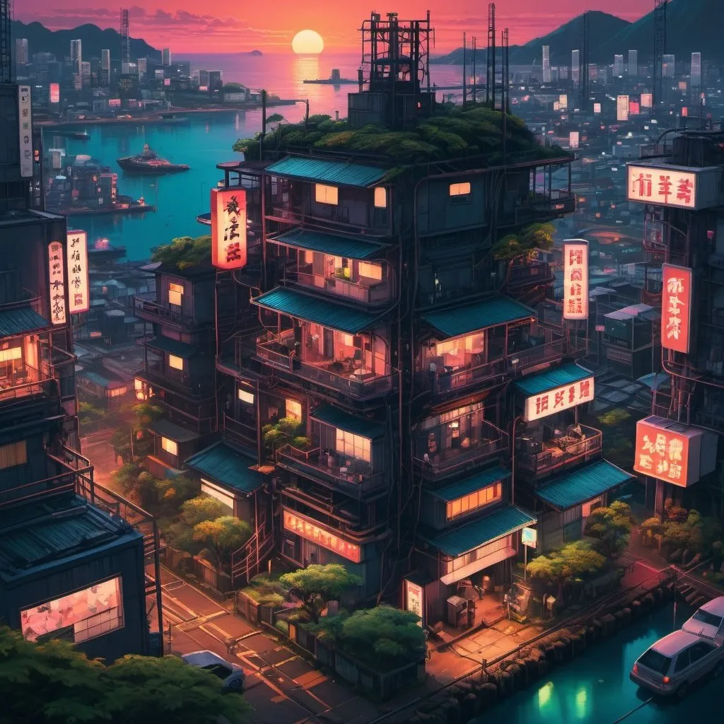 Prompt: a dense cyberpunk traditional japanese style city with housing, people and leafy gardens located on an oil rig at sunset with calm sea. bird's eye view neon signs, bold colours