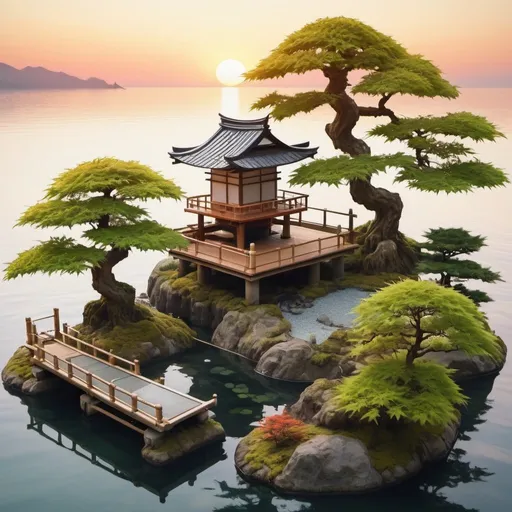Prompt: traditional japanese garden with bonsai, water, maple trees, bamboo, teahouse, moss streams located on an oil rig in the sea. calm sea, sunset, birds eye view
