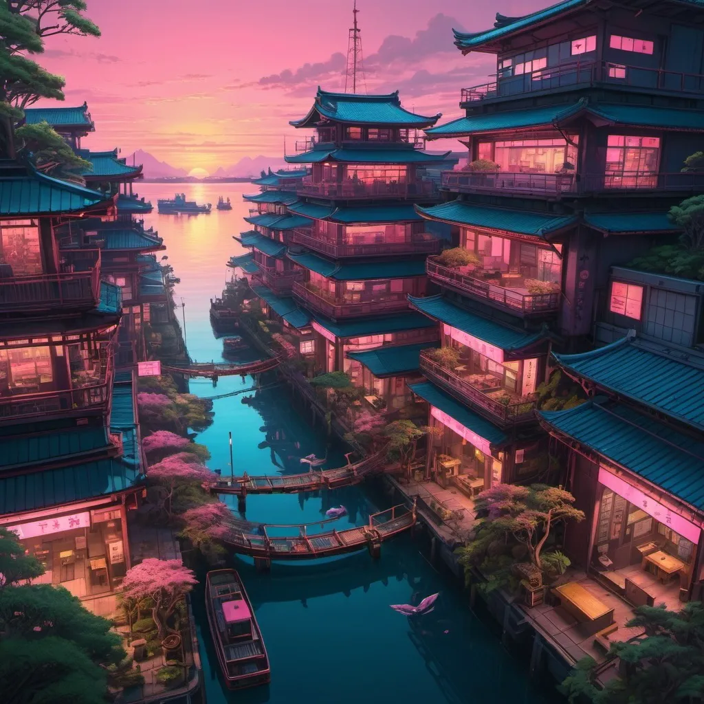 Prompt: Bird's eye view of a dense cyberpunk city on an oil rig at sunset, Japanese temple, tearoom, tori gate, leafy gardens, calm sea, overgrown plants, serene sunset lighting, high quality, cyberpunk, sunset colors, detailed architecture, calm sea, serene atmosphere, neon signage, traditional japanese boats on water, pinks and blues