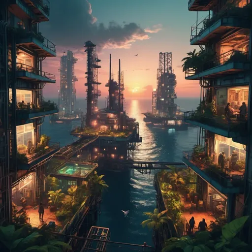 Prompt: a dense cyberpunk style city with housing, people and leafy gardens located on an oil rig at sunset with calm sea. bird's eye view