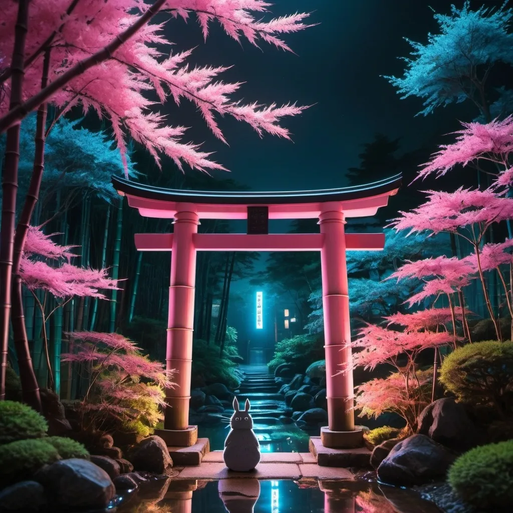 Prompt: Traditional japanese garden, looking through torii gate, bamboo, maple, blade runner aesthetic, cyberpunk, night time, neon, pinks and blues, realistic totoro standing under torii gate, bonsai