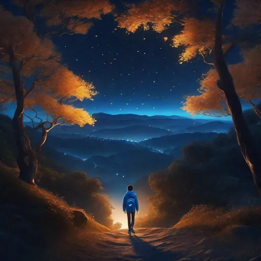 Prompt: ultra realistic, side view, 3d rendered image, perfect shape, thick trees, boy blue hoodie look above while walking on cliff path, deep dark blue enchanted forest, flying dust, night sky, fireflies, night fog, digital illustration, sakimichan style, 4k, high res,