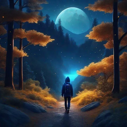 Prompt: ultra realistic, satellite view, 3d rendered image, perfect shape, thick trees, boy blue hoodie turning head walks on cliff path, deep dark blue enchanted forest, flying dust, night sky, fireflies, night fog, digital illustration, sakimichan style, 4k, high res,