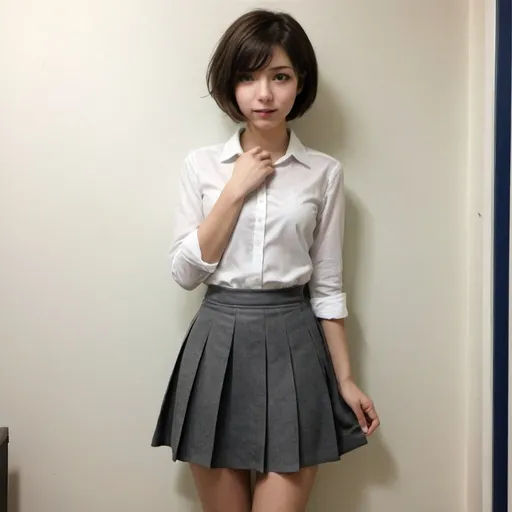 Prompt: something is about a girl
she is married
she has skirt
SHE has short hair til her shouder
she sites close to office wall
she is soft
she is around 165CM 
