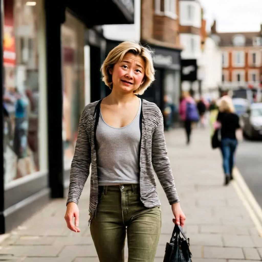 Prompt: Tall young woman walking down the high street, detailed clothing, realistic, natural lighting