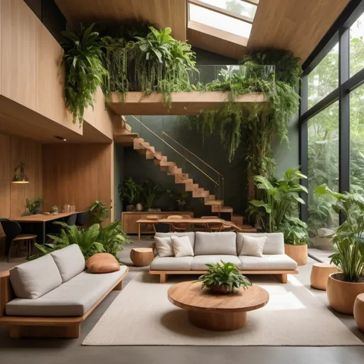 Prompt: Biophilic interior design, lush greenery, natural materials, organic shapes, high quality, biophilic style, natural lighting, serene atmosphere, earthy tones, wooden furniture, plant-filled spaces, indoor gardens, sustainable design, calming ambiance, contemporary, eco-friendly, modern aesthetic, breathable space