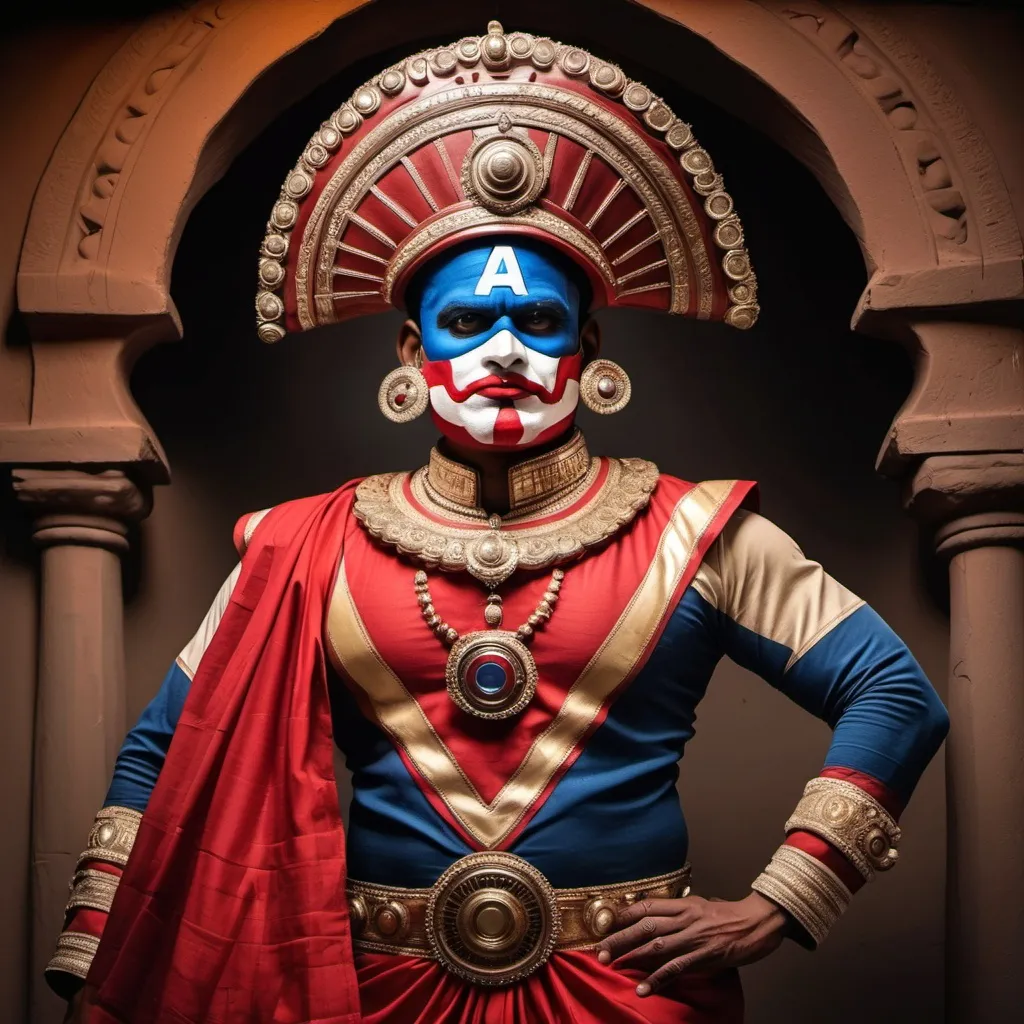 Prompt: Top to bottom view of Indian artist in Yakshagana dress. Color of the dress should be red. The artist should be holding the captain america shield. The mask of the artist should be iron man face.