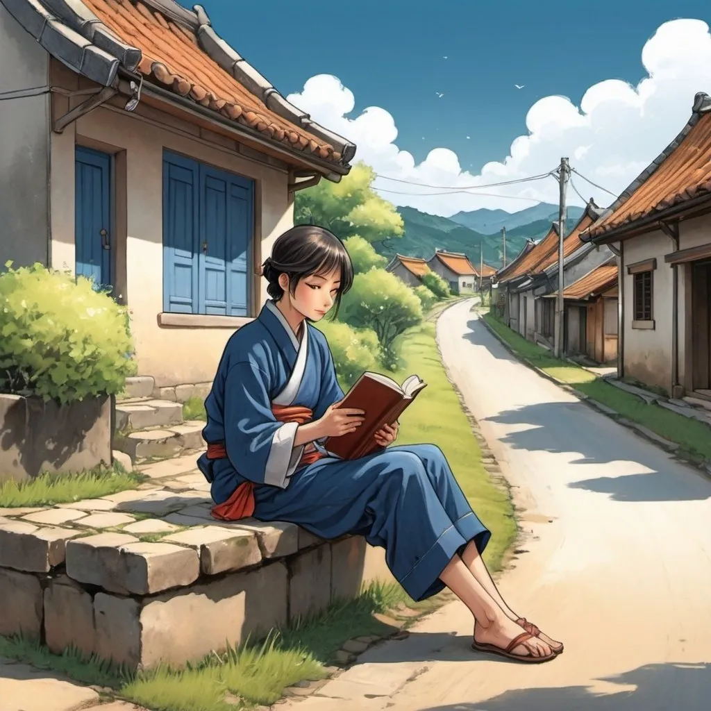 Prompt: Misc-manga illustration of Thiết Trụ sitting by a small village road, deep in thought, holding a book, gazing out at the deep blue sky, nostalgic atmosphere, quaint village setting, serene expression, traditional clothing, detailed surroundings, hand-drawn style, warm tones, nostalgic manga, traditional setting, thoughtful expression, detailed artwork, peaceful, emotional lighting