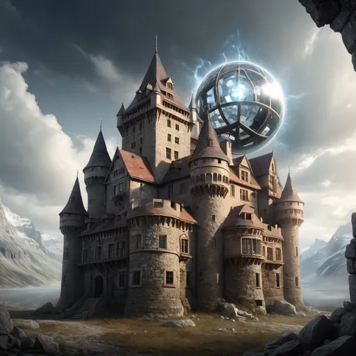 Prompt: 
castle building with lots of windows and in the center a magical orb of destruction
