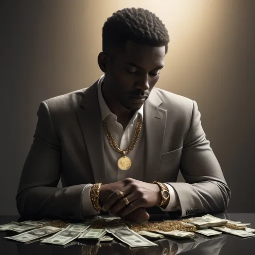 Prompt: photorealistic, (silhouette) of a man with focused pose, (muted color scheme) featuring greys and soft tones, gold jewelry contrasts against the silhouette, abstract and minimalist background, (subtle reflections) on money elements subtly integrated, (dramatic lighting) casting shadows, high depth cinematic quality, ethereal and mysterious ambiance.