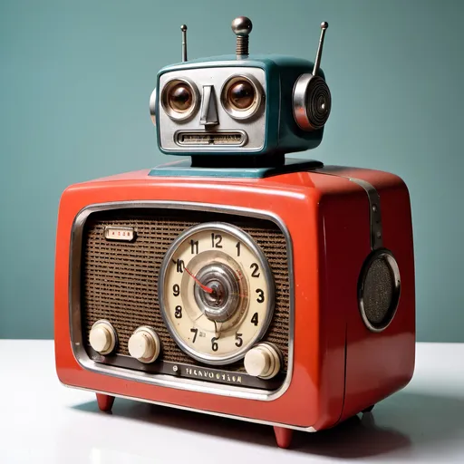 Prompt: Old Radio from 1955 with Robot from 2100
