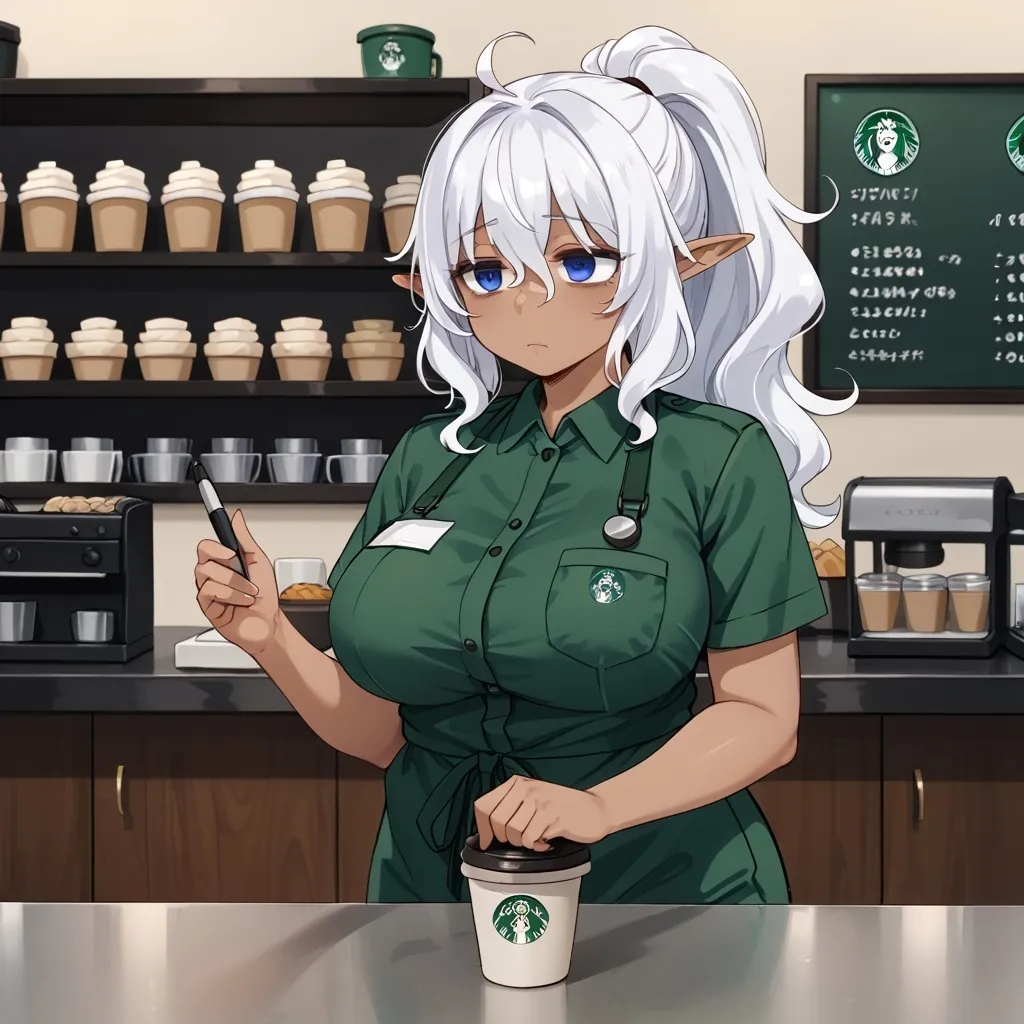 Prompt: Dark-skinned Elf woman, blue eyes, plump, curvy, long wavy white hair, ponytail, barista uniform, narrow shoulders, working, coffee shop, bags under her eyes, tired