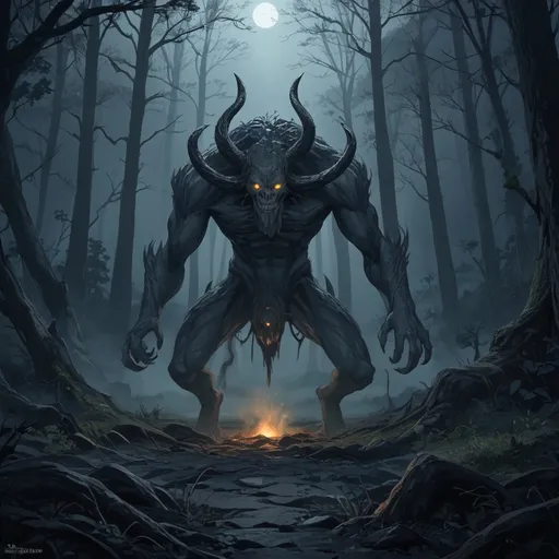 Prompt: Army of ghouls, phantoms, monsters, and demons roaming, eerie and ominous atmosphere, deep fog enveloping the ground, moonlight filtering through dense, twisted trees, shadowy figures lurking, ethereal glow in the darkness, mythical forest setting, high detail, dark color palette, cinematic tones, ultra-detailed, supernatural terror in the night.