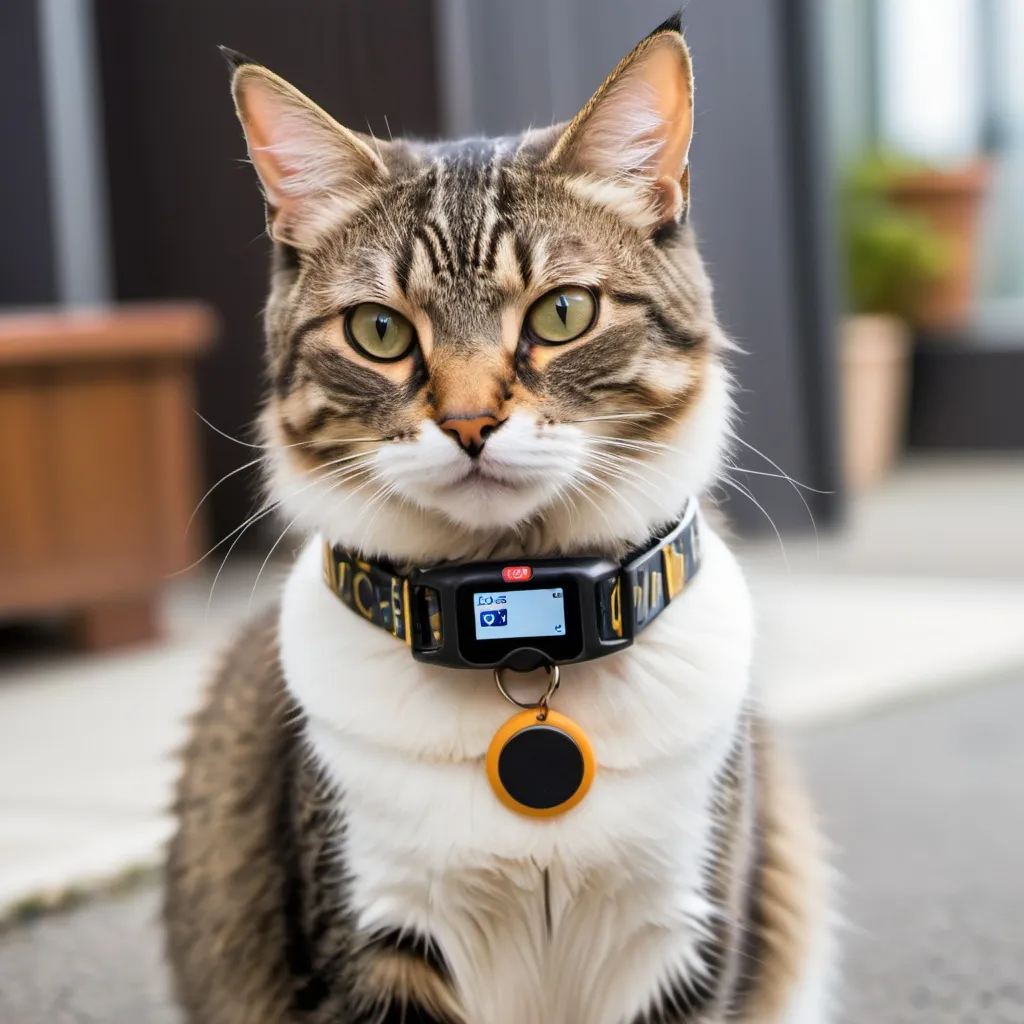 Prompt: Cat wearing a collar that has a tracking device.