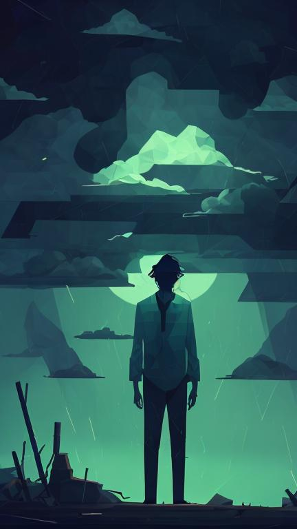 Prompt: Man standing in a storm, levitation, Kentucky Route Zero art style, surreal, dreamlike, stormy weather, levitating, eerie glow, high quality, surrealistic, stormy atmosphere, low poly, long shot, mystical