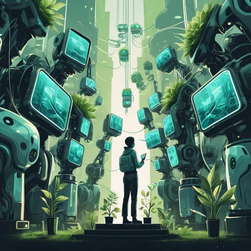 Prompt: A digital illustration showing a person surrounded by towering machines and screens, yet holding a small plant symbolizing nature and inner humanity.