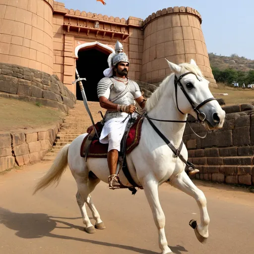 Prompt: A Warrior marching on a white horse in front of "Chitradurga fort" main entrance. And he is posing keeping open sword in one hand. And he has wearing "tripund" on his forehead. And army coming out from the gate behind him. Particularly show the "Chitradurga fort" seven round fortifications on a hill in the scene backdrop.
