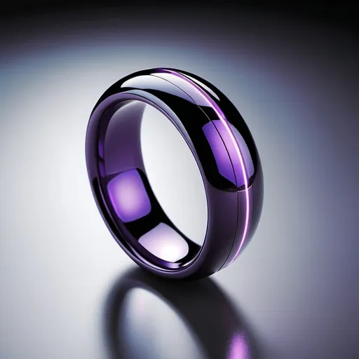 Prompt: "Create a futuristic smart ring with a sleek metallic purple finish, featuring glowing neon accents and a minimalist digital display. The ring should sit on a polished metallic surface with soft reflections. Enhance the lighting with vibrant purple and blue tones, adding a subtle laser beam effect for a high-tech aesthetic. Ensure a clean, modern, and visually captivating composition."