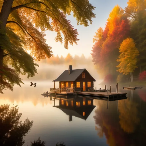 Prompt: "A serene lakeside at dawn with mist floating over the water, surrounded by dense, colorful autumn trees. A small wooden dock stretches into the lake, and a cozy log cabin is nestled among the trees. Soft, warm sunlight filters through the fog, creating a golden glow. Ducks swim peacefully in the water, and a light breeze ripples across the lake’s surface."