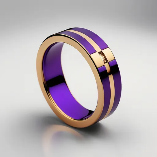 Prompt: "Design a futuristic ring crafted from purple gold with a sleek, minimalist aesthetic. The ring features intricate golden inlays that subtly contrast with the purple gold base. The overall design reflects advanced technology from the year 2101, incorporating a seamless, high-tech look with clean lines, glowing accents, and a cutting-edge yet elegant feel. The ring should embody sophistication and innovation, while maintaining a simple, wearable design that exudes luxury and modernity."