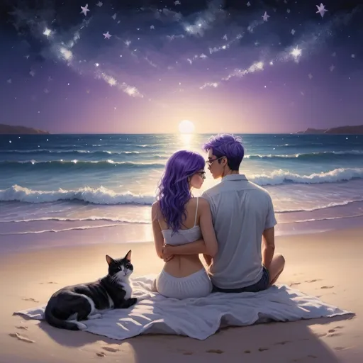 Prompt: (romantic scene at a beach), romantic ambiance, late night atmosphere, (soft moonlight illuminating a serene landscape), gentle waves kissing the shore, (couple closely connected), serene expressions, cozy embrace, delicate details like sandy toes, sparkling stars above, cool blue tones contrasting with warm highlights, high quality, ultra-detailed, capturing the essence of love and tranquility on a beautiful night. the girl has a purple hair, very slim figure, the guy is also somewhat slim and has glasses, theres a dog and a cat slipping beside the bed, small fire going on the side as well
